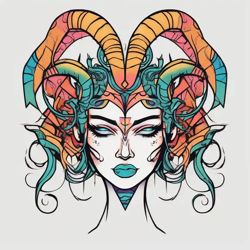 cartoon style Idées de tatouages réalistes en 2025 about symmetrical woman head with curved horns facing downwards dark realism looking front facing view and symmetrical woman head with curved horns facing downwards dark realism looking front facing view