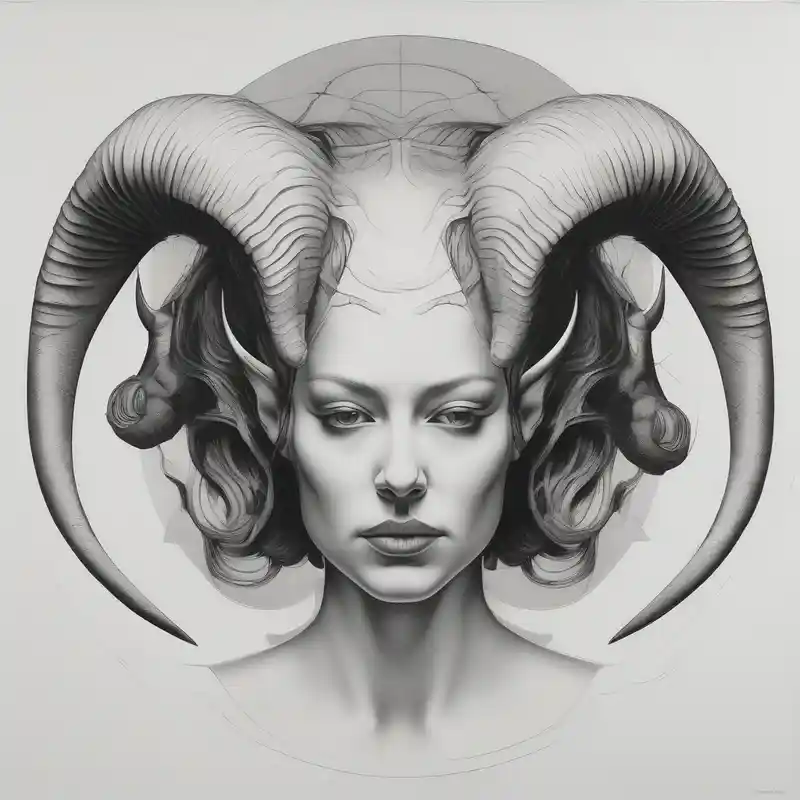 surreal style Ideas de tatuajes para mujeres en 2025 about symmetrical woman head with curved horns facing downwards dark realism looking front facing view and ultra-detailed