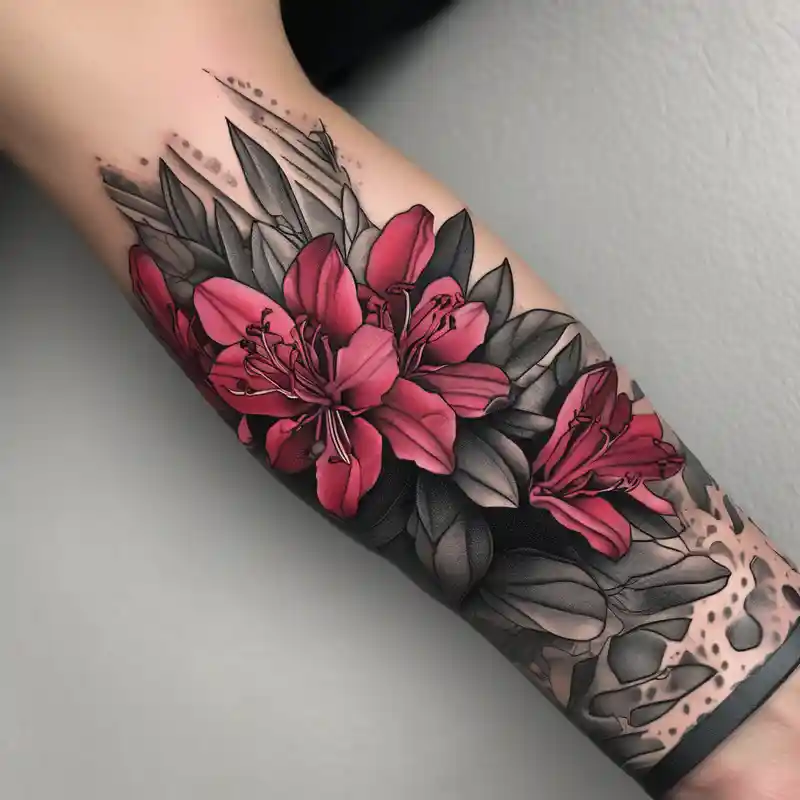 dotwork style Tattoo Wrap Tattoo Ideas in 2025 about wrap around entire wrist red  and black rhododendron trippy with Himalayas behind red-ink and wrap around entire wrist red  and black rhododendron trippy with Himalayas behind red-ink