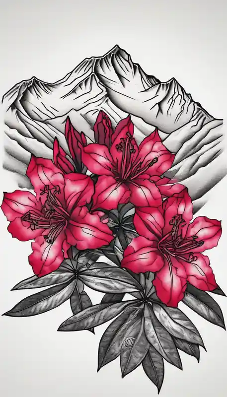 dotwork style 2025年の赤インクタトゥーアイデア about vertical wrist size red  and black rhododendron trippy with Himalayas behind red-ink and vertical wrist size red  and black rhododendron trippy with Himalayas behind red-ink