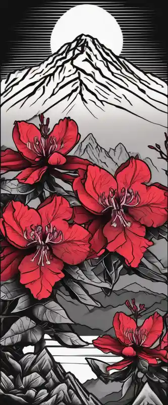 black and white style Tatouages de poignet pour femmes : idées de tatouages en 2025 about vertical wrist size red  and black rhododendron trippy with Himalayas behind red-ink and vertical wrist size red  and black rhododendron trippy with Himalayas behind red-ink