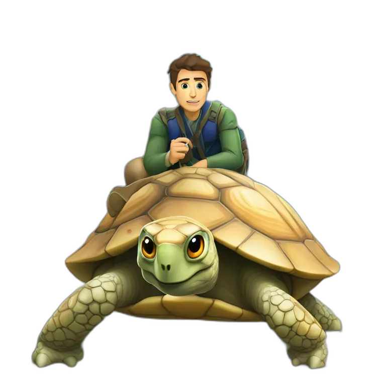 Éric zemur sur une tortue avec des yeux qui lance des lazer