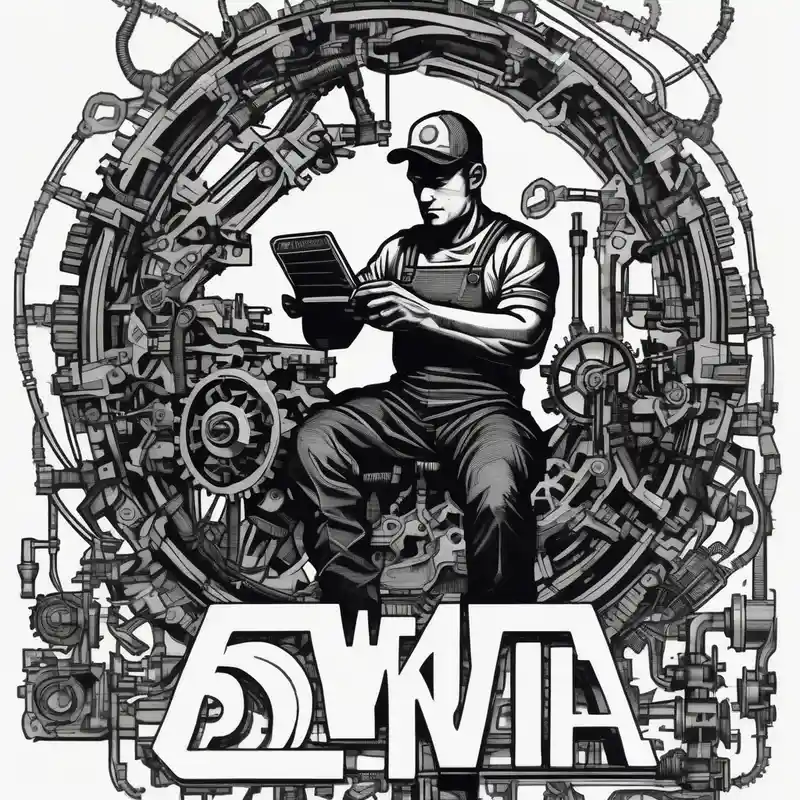 blackwork style Máquina de Tatuaje Rotativa about Create a silhouette of a mechanic working on a machine and surrounded by mechanical elements like gears and tools. rotary-machine