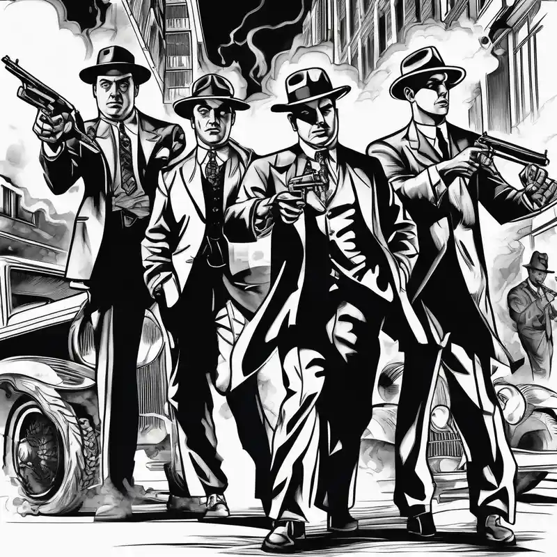 sketch style Street Tattoo Designs in 2025 & free generation about untouchables style gangsters fighting on a 1930s city street and Al capone