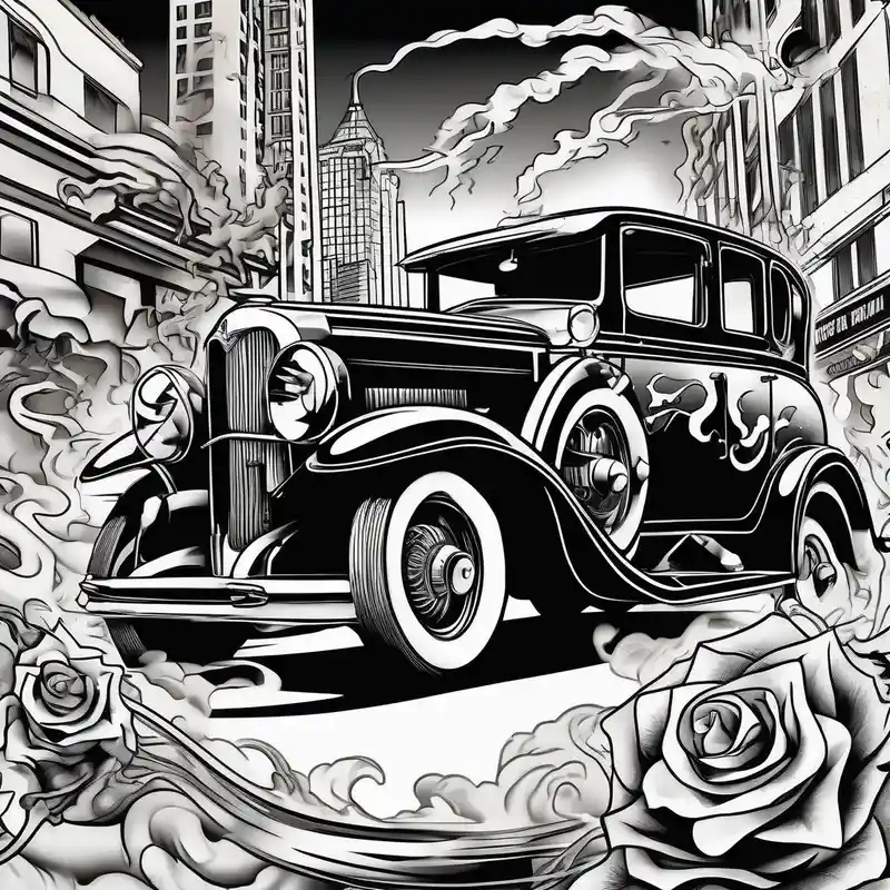 japanese style Ideas para Tatuajes de la Vida Callejera en 2025 & Generar gratis about Al Capone style gangsters fighting with machine guns and set with a 1930s city street background