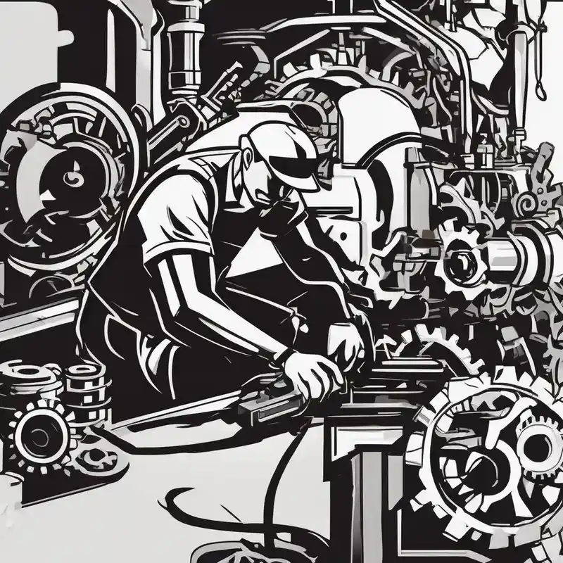 cartoon style Idées de tatouages avec machine à tatouer sans fil en 2025 about Create a silhouette of am industrial mechanic working on a machine and surrounded by mechanical elements like gears and tools. No grays