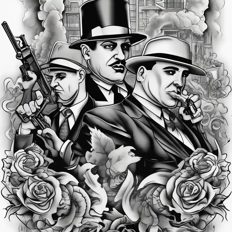 surreal style Street Tattoo Designs in 2025 & free generation about untouchables style gangsters fighting on a 1930s city street and Al capone