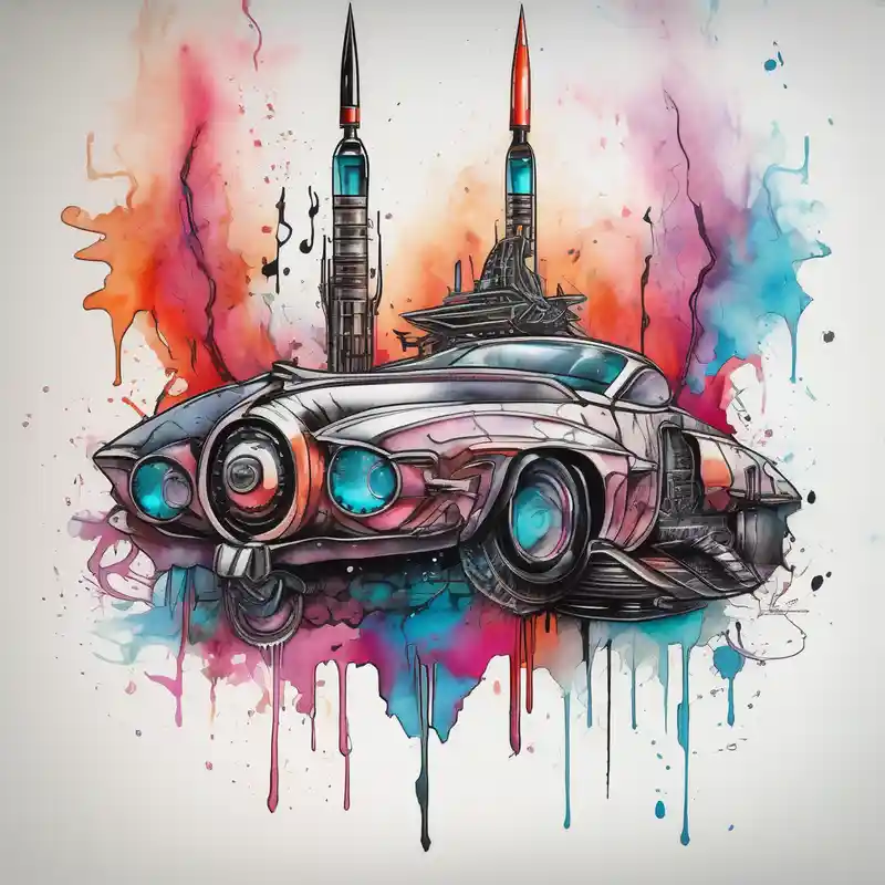 watercolor style Máquina de tatuaje inalámbrica Ideas de tatuaje en 2025 about futuristic rocket time machine car rotary-machine and futuristic rocket time machine car rotary-machine