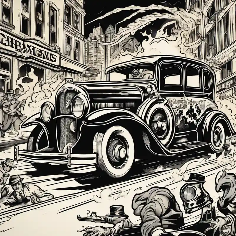 surreal style Idées de Tatouages sur le thème de la Vie de Rue en 2025 &Générer gratuitement about Al Capone style gangsters fighting with machine guns and set with a 1930s city street background