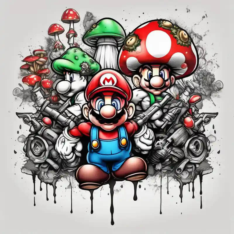 watercolor style Star Tattoo Ideas and Designs in 2024 about Mario and Luigi big muscles with toadstool and cannons and bombs stars machine guns rotary-machine and Mario and Luigi big muscles with toadstool and cannons and bombs stars machine guns rotary-machine