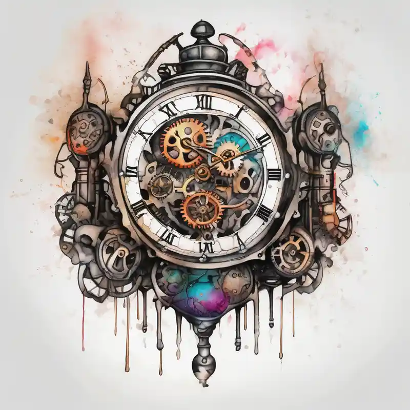 watercolor style Clock Tattoo Ideas in 2024 about steampunk clock and machine parts rotary-machine and steampunk clock and machine parts rotary-machine