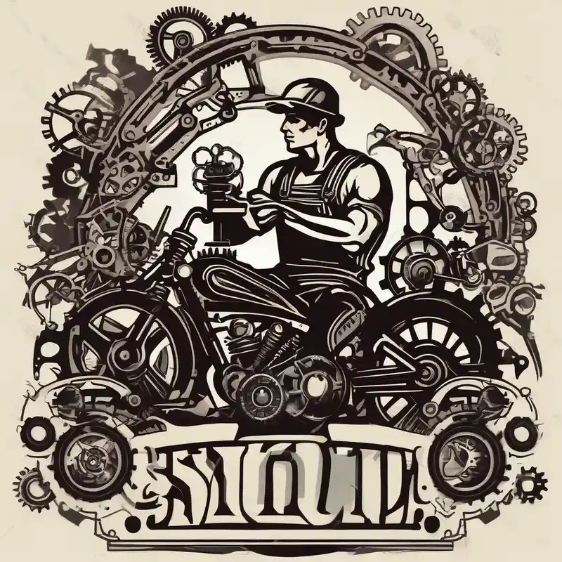 old school style Máquina de tatuaje inalámbrica Ideas de tatuaje en 2025 about Create a silhouette of a mechanic working on a machine and surrounded by mechanical elements like gears and tools. rotary-machine