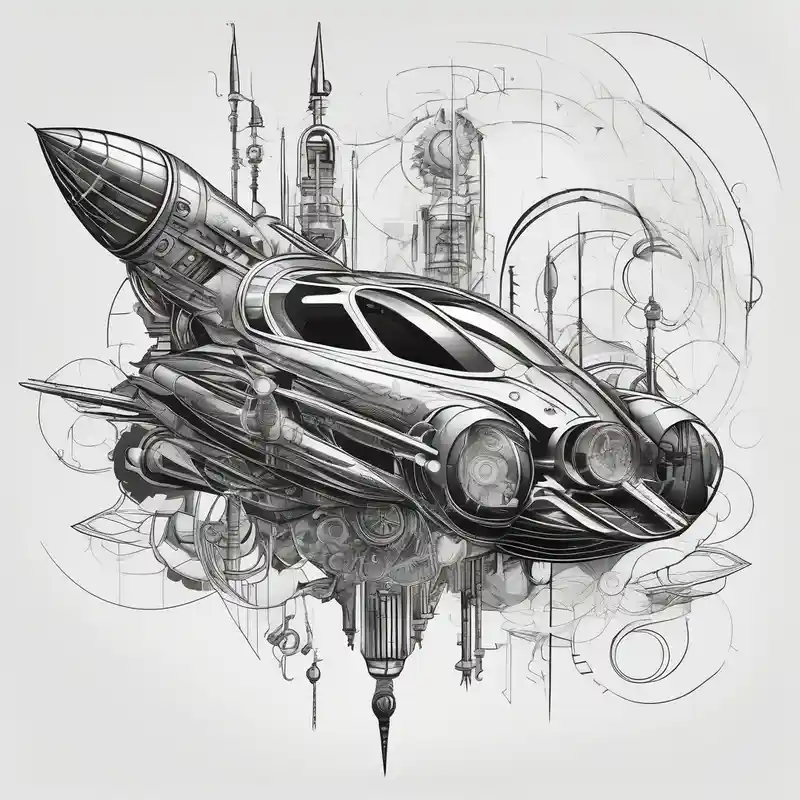 surreal style Machine à Tatouer Rotative about futuristic rocket time machine car rotary-machine and futuristic rocket time machine car rotary-machine