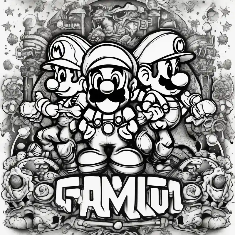 dotwork style Star Tattoo Ideas and Designs in 2024 about Mario and Luigi big muscles with toadstool and cannons and bombs stars machine guns rotary-machine and Mario and Luigi big muscles with toadstool and cannons and bombs stars machine guns rotary-machine