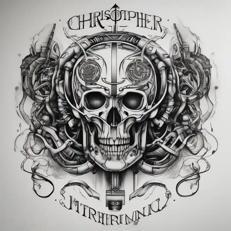 blackwork style Biomech Tattoo Designs in 2024 about Biomechanic machine with the words Christopher and Caroline rotary-machine and Biomechanic machine with the words Christopher and Caroline rotary-machine