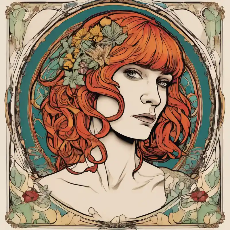 cartoon style 2025年の神聖なアートタトゥーのアイデア about Florence from Florence and the machine as a saint in an art nouveau  style similar to her dance fever album cover art sacred-art and Florence from Florence and the machine as a saint in an art nouveau  style similar to her dance fever album cover art sacred-art