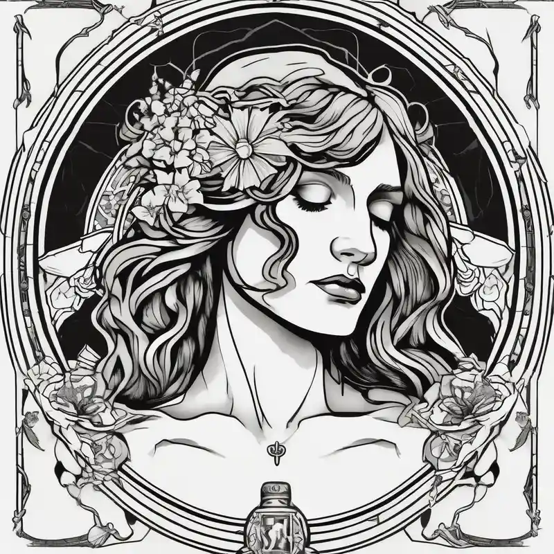 black and white style Sacred Art Tattoo Ideas in 2025 about Florence from Florence and the machine as a saint in an art nouveau  style similar to her dance fever album cover art sacred-art and Florence from Florence and the machine as a saint in an art nouveau  style similar to her dance fever album cover art sacred-art