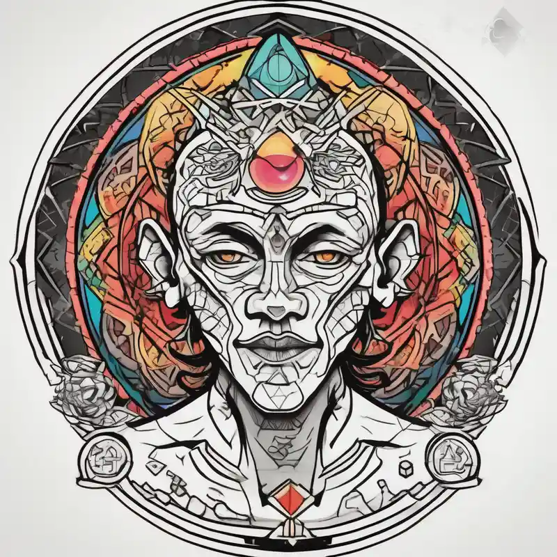 cartoon style Sacred Art Tattoo Ideas in 2025 about dmt enlightenment deity with sacred geometry behind sacred-art and dmt enlightenment deity with sacred geometry behind sacred-art