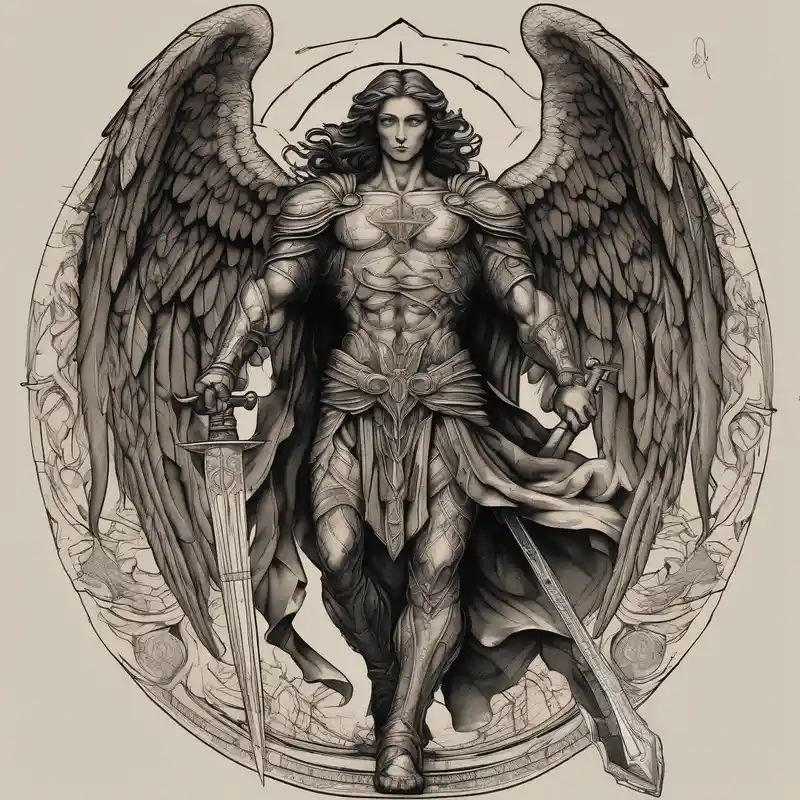 blackwork style Angel Neck Tattoo Black Men Ideas in 2025 & free generation about Archangel Michael holding a sword and ready for battle