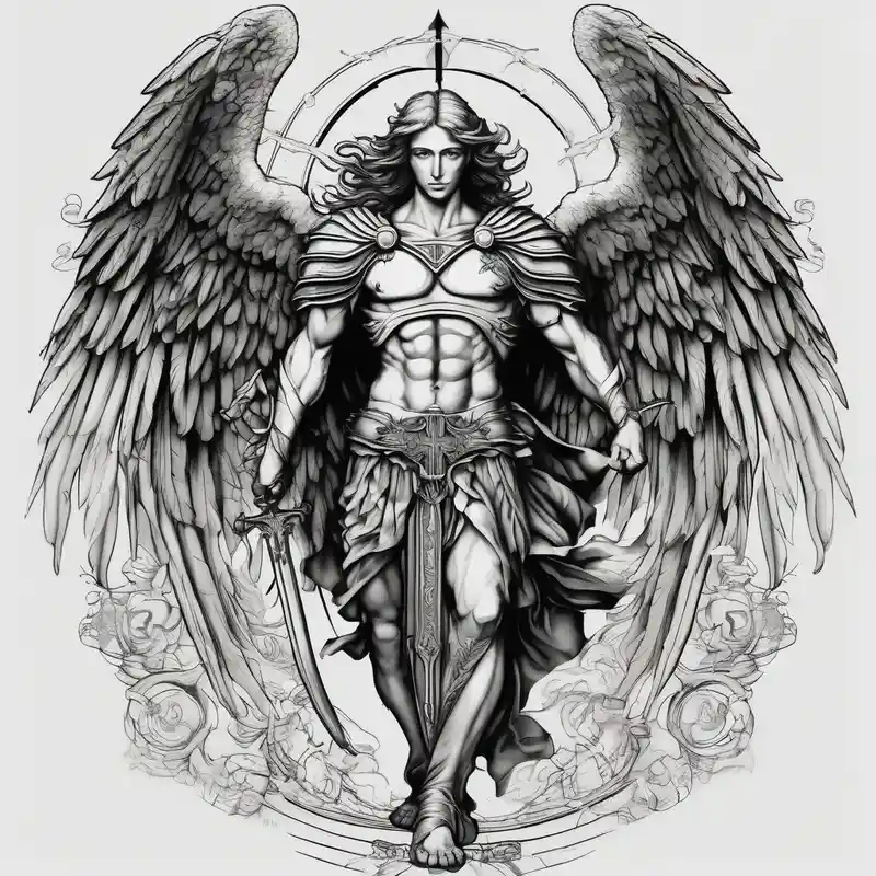 blackwork style 2025年の聖ミカエルタトゥーのアイデア about Holy Archangel and Biblical