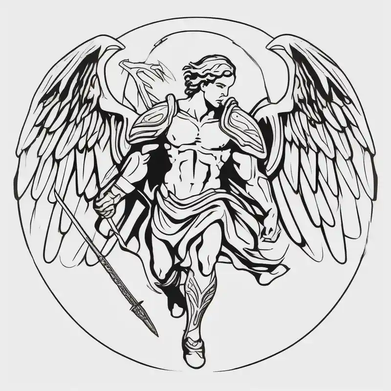 minimalist style 2025年の男性向けキリスト教のタトゥー about christian religion incorporating aint michael slaying Lucifer saint-michael and christian religion incorporating aint michael slaying Lucifer saint-michael