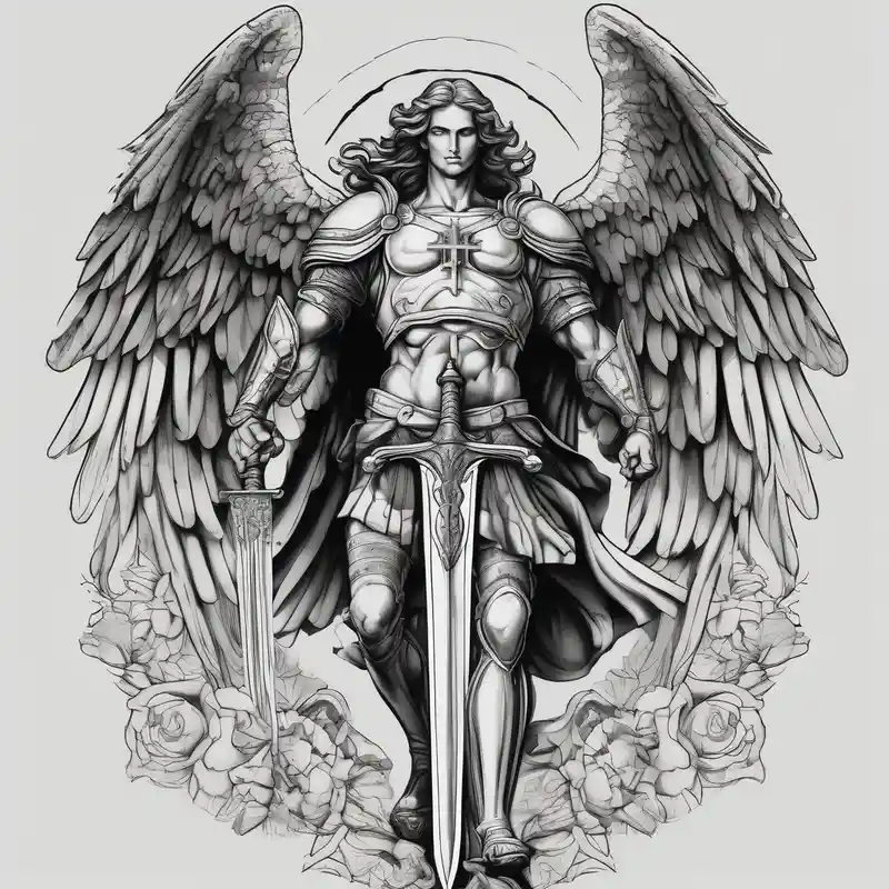 blackwork style 2025年の聖ミカエルタトゥーのアイデア about Powerful archangel with a sword and holy