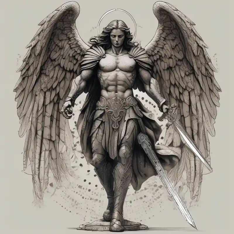 dotwork style Michael Myers Tattoo Ideas in 2025 about Powerful archangel with a sword and holy