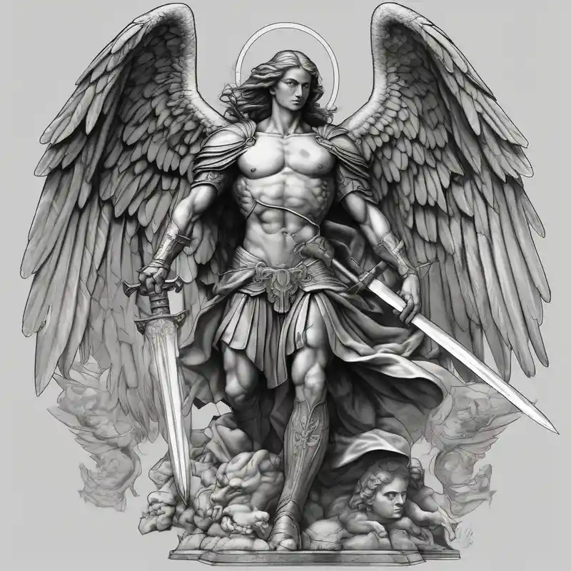 realistic style Ideas para tatuajes negros de ángel en el cuello para hombres en 2025 & Generar gratis about Archangel Michael holding a sword and ready for battle