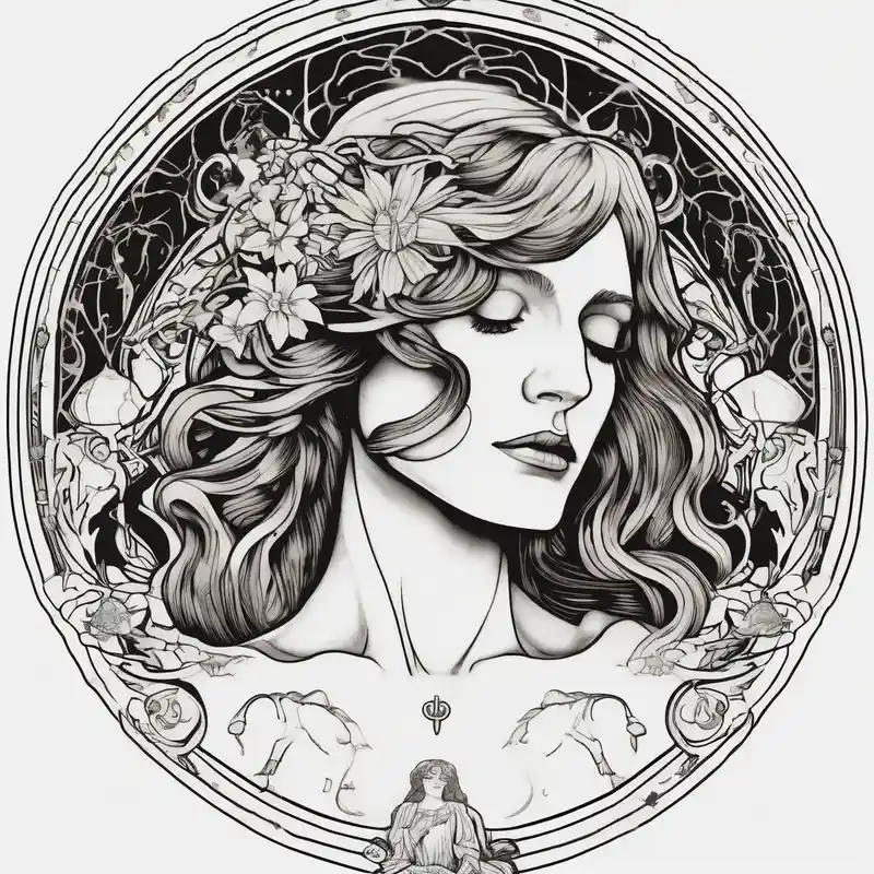 surreal style Cover Up Tattoo Patterns in 2025 about Florence from Florence and the machine as a saint in an art nouveau  style similar to her dance fever album cover art saint-michael and Florence from Florence and the machine as a saint in an art nouveau  style similar to her dance fever album cover art saint-michael