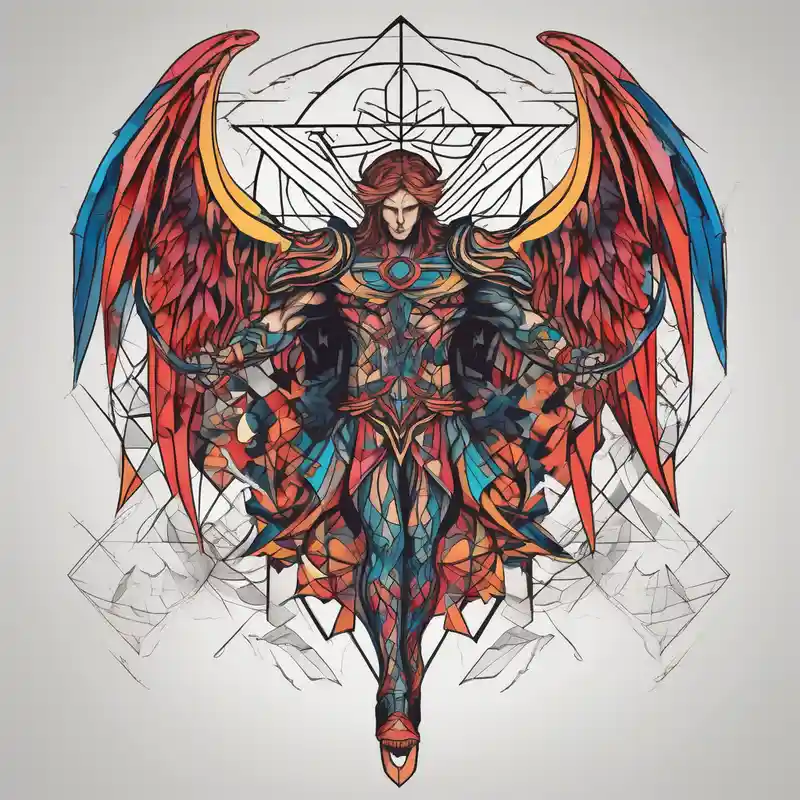 geometric style 2025年の男性向けキリスト教のタトゥー about christian religion incorporating aint michael slaying Lucifer saint-michael and christian religion incorporating aint michael slaying Lucifer saint-michael