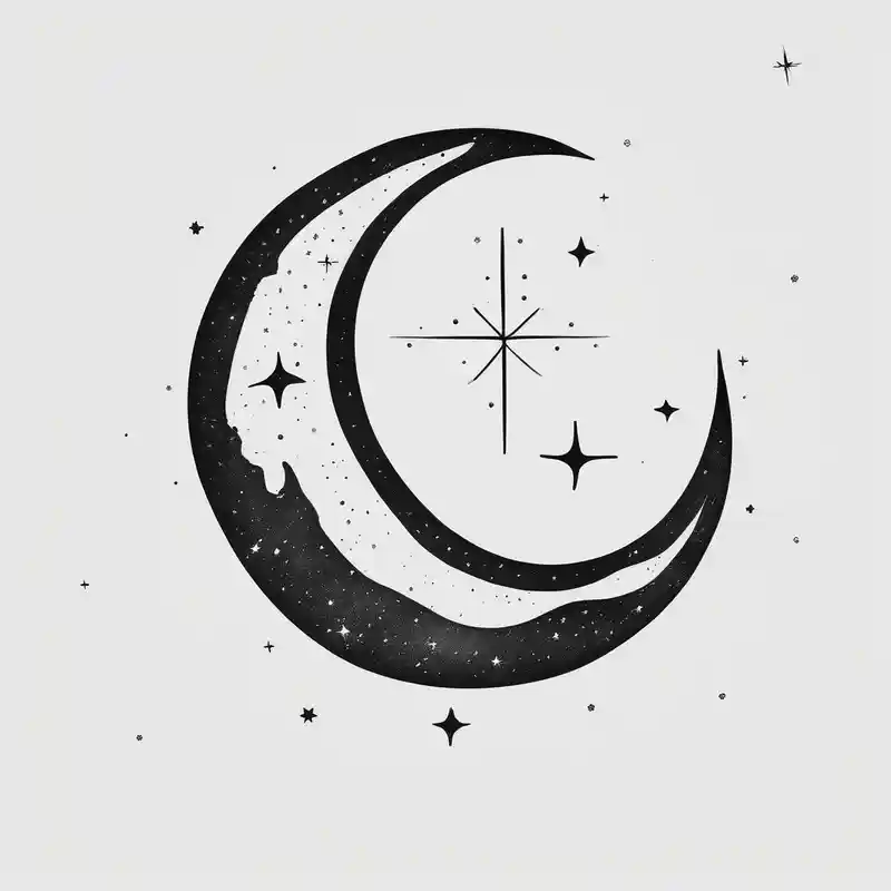 minimalist style Moon Tattoo Designs and Meanings about milkway behind a crescent moon big and little dipper with the name T.J. Nalani in script on the upper left hand and milkway behind a crescent moon big and little dipper with the name T.J. Nalani in script on the upper left hand