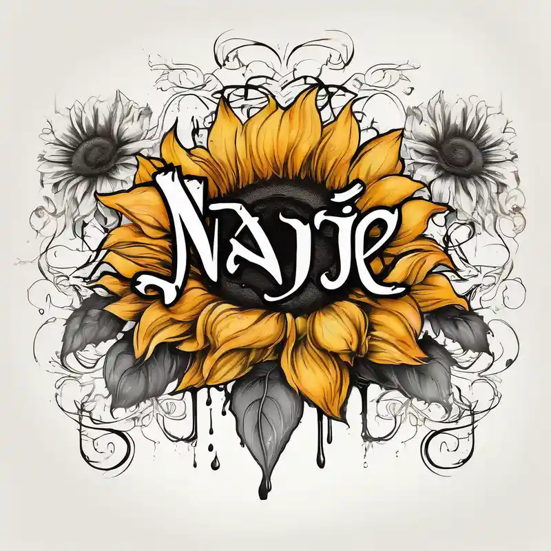 watercolor style Sun Tattoo Designs and Meanings about NAJE in edwardian script with symmetrical sunflowers around it and NAJE in edwardian script with symmetrical sunflowers around it