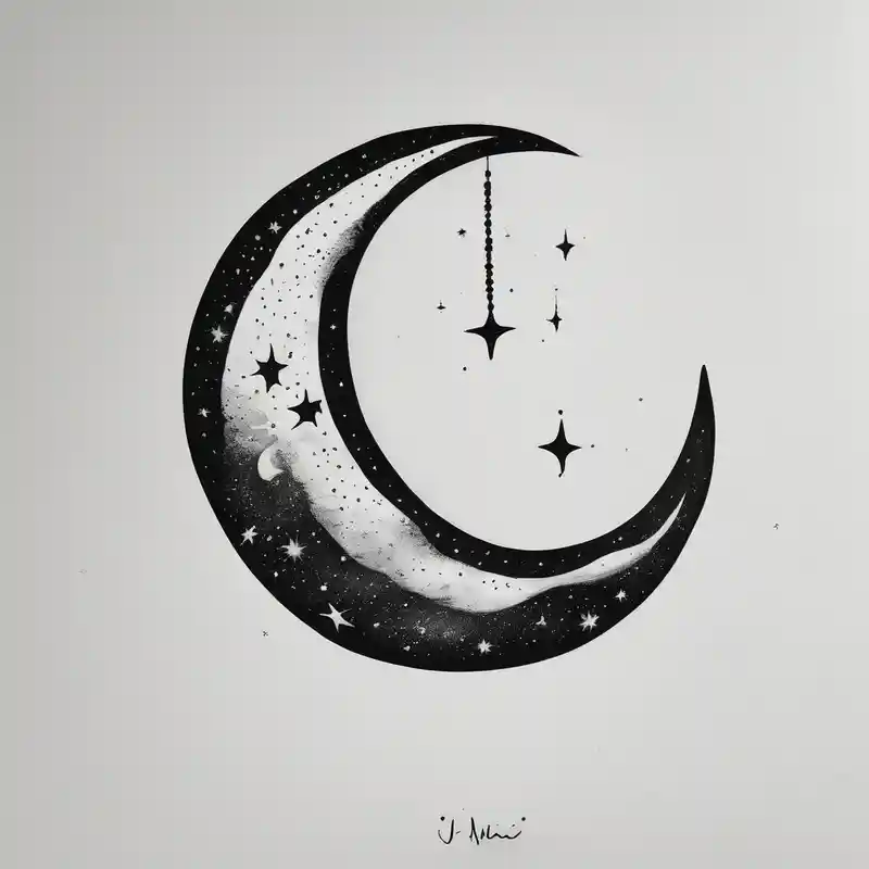 black and white style Moon Tattoo Designs and Meanings about milkway behind a crescent moon big and little dipper with the name T.J. Nalani in script on the upper left hand and milkway behind a crescent moon big and little dipper with the name T.J. Nalani in script on the upper left hand