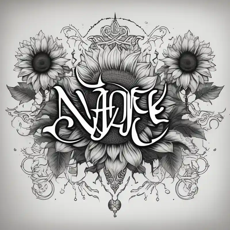 dotwork style Sun Tattoo Designs and Meanings about NAJE in edwardian script with symmetrical sunflowers around it and NAJE in edwardian script with symmetrical sunflowers around it