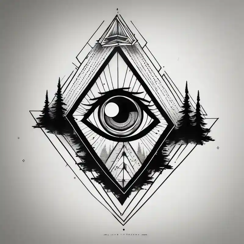 black and white style Script Tattoo Designs and Styles about Pine trees with script.  Add an eye inside of a diamond shape with dot work lines coming out from the eye.  Add a planet. and Pine trees with script.  Add an eye inside of a diamond shape with dot work lines coming out from the eye.  Add a planet.