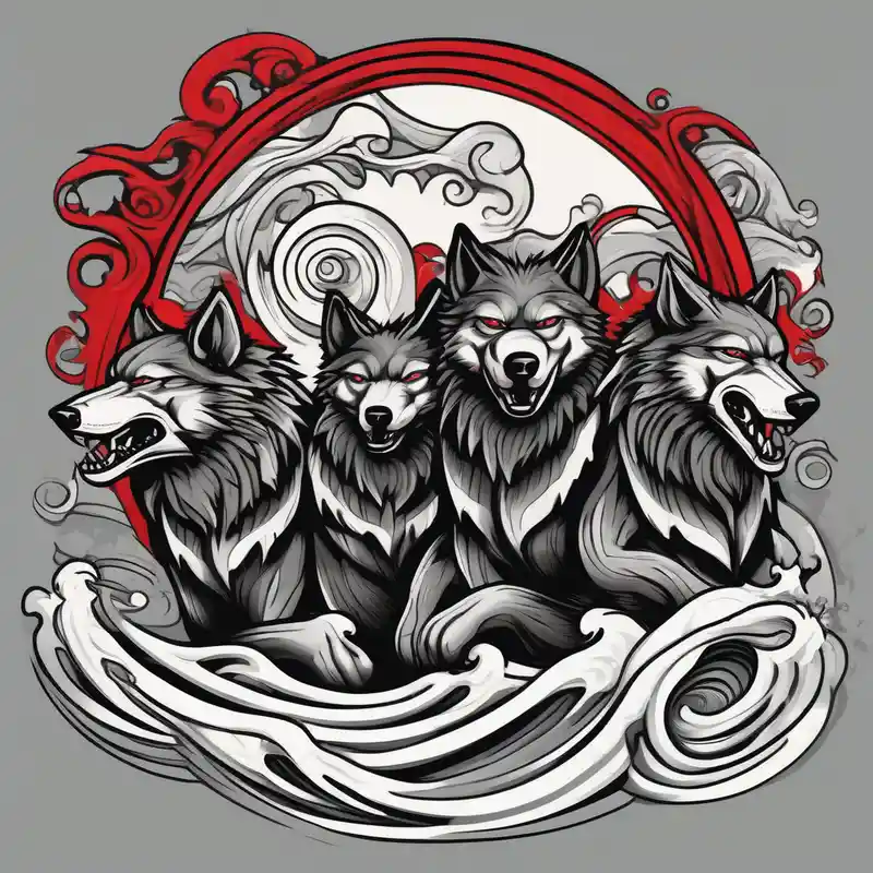 black and white style Black Lotus Tattoo Designs in 2024 about a pack of 3 howling muscular  gray wolves surfing waves with a linear background with red and white and black and gray including the word Howler in an aggressive script font