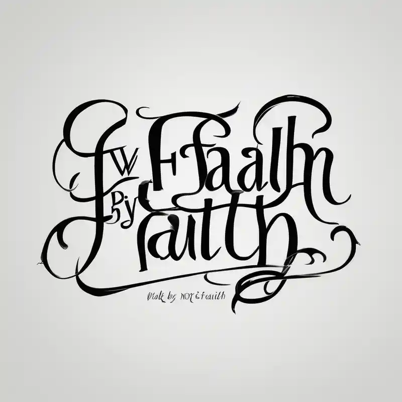 black and white style Designs et Styles de Tatouages Écriture about “walk by faith and not by sight” with an elegant script font. Integrate a subtle stairwell wrapping around the quote. This design captures the essence of the journey guided by faith.