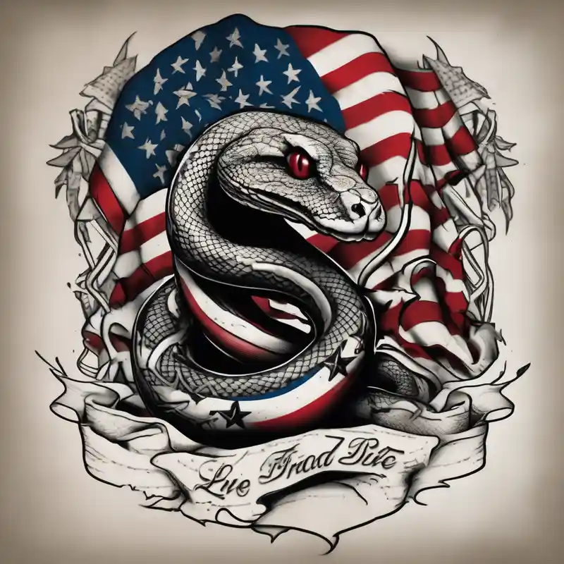 black and white style Snake Tattoo Ideas and Designs in 2024 about Worn American flag and snake image from 1776 flag don’t tread on me