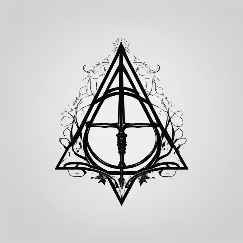 minimalist style 2025年の影のない剣を持つタトゥー僧キャラクターのタトゥーアイデア about deathly hallows symbol from harry potter with a sword in the middle shadowless-sword-ed-monk-character and deathly hallows symbol from harry potter with a sword in the middle shadowless-sword-ed-monk-character