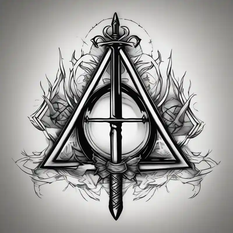 black and white style Ideas de tatuajes para el personaje de monje tatuado de espada sin sombra en 2025. about deathly hallows symbol from harry potter with the gryffindor sword in the middle shadowless-sword-ed-monk-character and deathly hallows symbol from harry potter with the gryffindor sword in the middle shadowless-sword-ed-monk-character