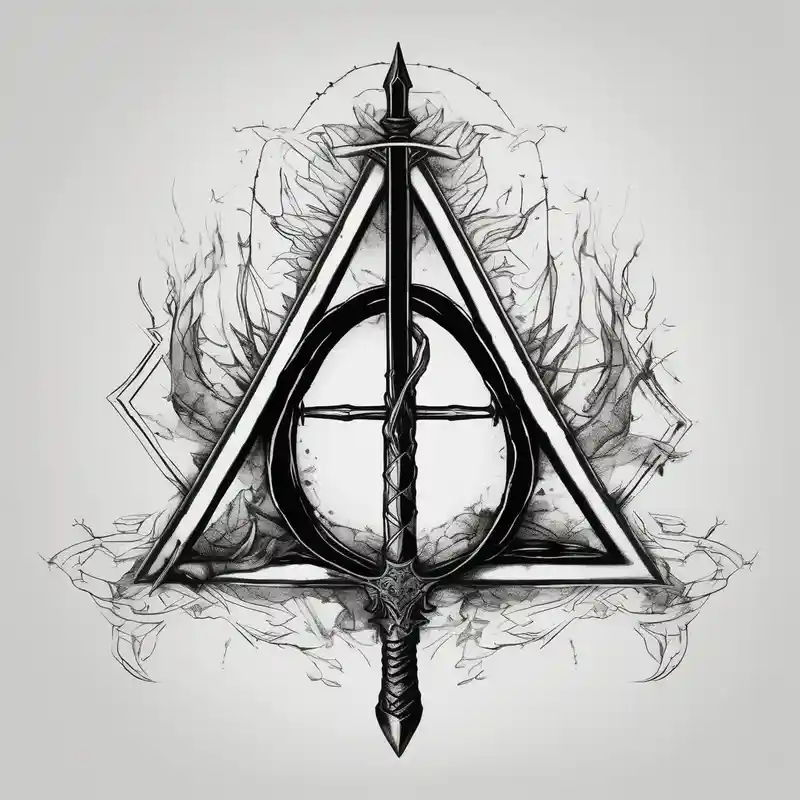 surreal style Ideas de tatuajes para el personaje de monje tatuado de espada sin sombra en 2025. about deathly hallows symbol from harry potter with a sword in the middle shadowless-sword-ed-monk-character and deathly hallows symbol from harry potter with a sword in the middle shadowless-sword-ed-monk-character