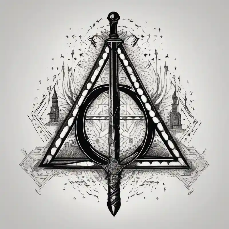 dotwork style 2025年の影のない剣を持つタトゥー僧キャラクターのタトゥーアイデア about deathly hallows symbol from harry potter with the gryffindor sword in the middle shadowless-sword-ed-monk-character and deathly hallows symbol from harry potter with the gryffindor sword in the middle shadowless-sword-ed-monk-character