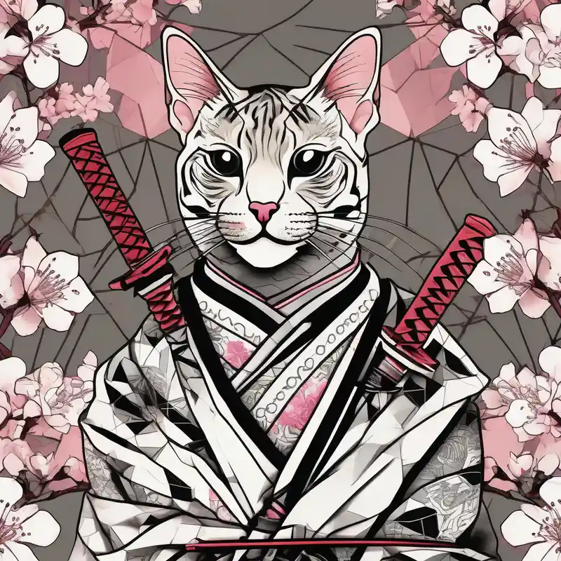 geometric style Japanese Snake Tattoo Ideas in 2025 & free generation about A bengal cat with a missing left eye and dressed as a Japanese samurai with katana swords and surrounded by cherry blossoms shadowless-sword-ed-monk-character