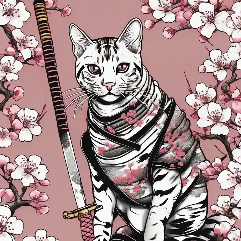 japanese style Shadowless Sword Tattooed Monk Character Tattoo Ideas in 2025 about A bengal cat with a missing left eye and dressed as a Japanese samurai with katana swords and surrounded by cherry blossoms shadowless-sword-ed-monk-character