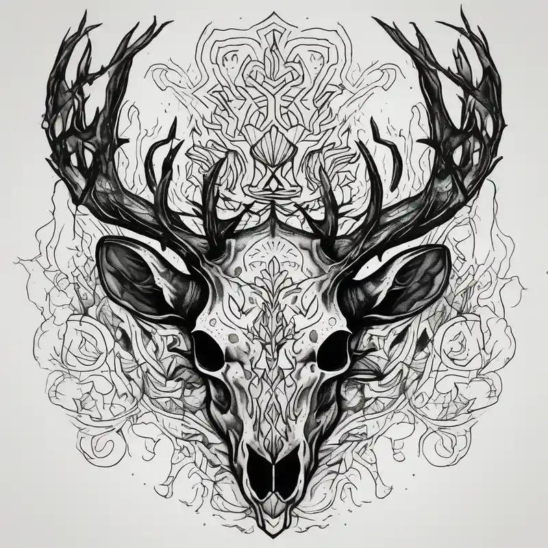 blackwork style Sister Tattoo with Tree Ideas in 2024 about A scary decayed deer skull head with flames and trees sister-tree and A scary decayed deer skull head with flames and trees sister-tree