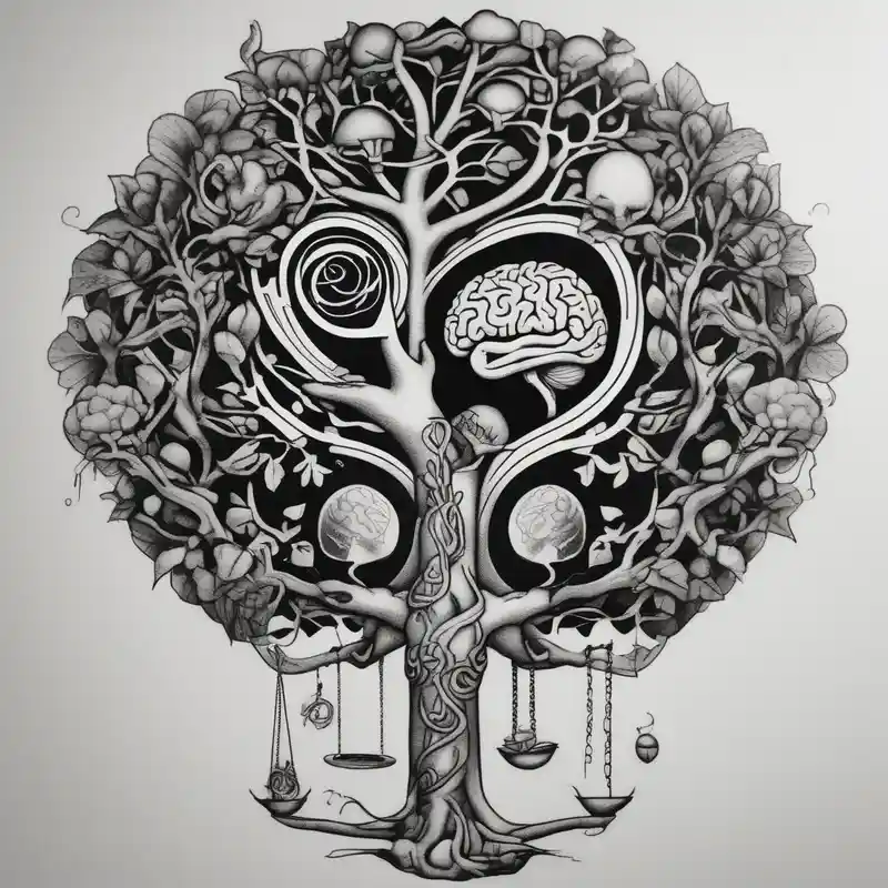 blackwork style Ideas de tatuajes de realismo en 2025 about Micro realism tattoo design featuring the helix merging into the tree of life. With my zodiac sign libra holding the brain and heart on each side of the scale with the heart out weighing the brain sister-tree and Micro realism tattoo design featuring the helix merging into the tree of life. With my zodiac sign libra holding the brain and heart on each side of the scale with the heart out weighing the brain sister-tree