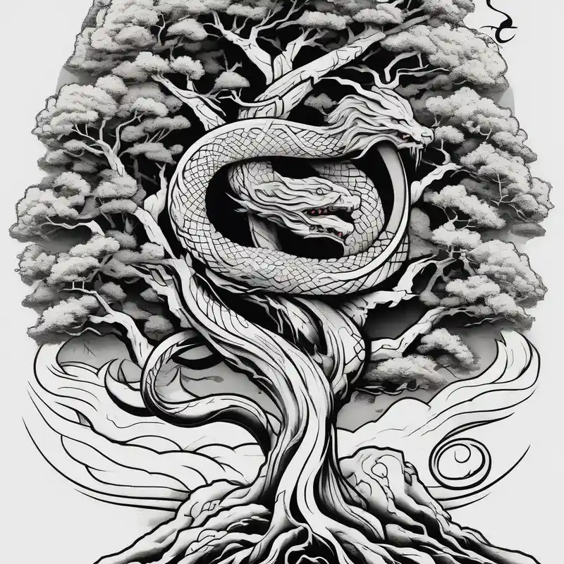 japanese style Sister Tattoo with Tree Ideas in 2024 about norse mythology world serpent wrap around giant tree tattoo design sister-tree and norse mythology world serpent wrap around giant tree tattoo design sister-tree