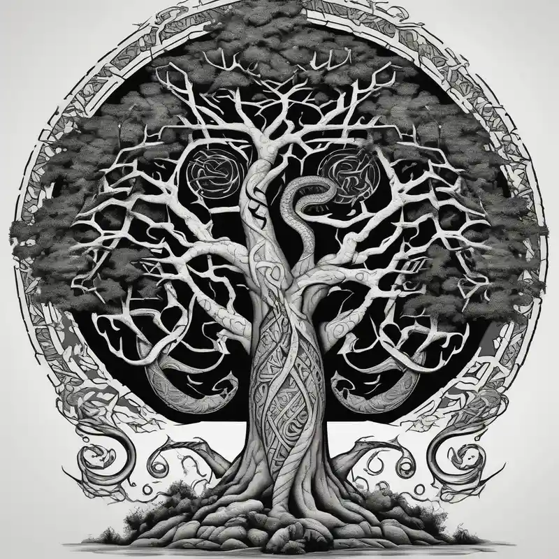 blackwork style Sister Tattoo with Tree Ideas in 2024 about norse mythology world serpent wrap around giant tree tattoo design sister-tree and norse mythology world serpent wrap around giant tree tattoo design sister-tree