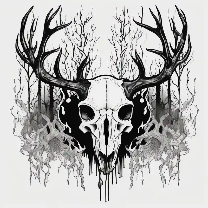 blackwork style Sister Tattoo with Tree Ideas in 2024 about Scary side profile of a DECAYING deer skull JUST BONE surrounded by a flames and trees in background sister-tree and Scary side profile of a DECAYING deer skull JUST BONE surrounded by a flames and trees in background sister-tree