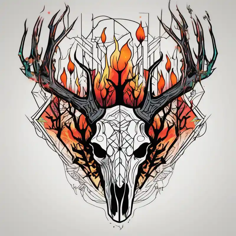 geometric style Sister Tattoo with Tree Ideas in 2024 about A scary decayed deer skull head with flames and trees sister-tree and A scary decayed deer skull head with flames and trees sister-tree